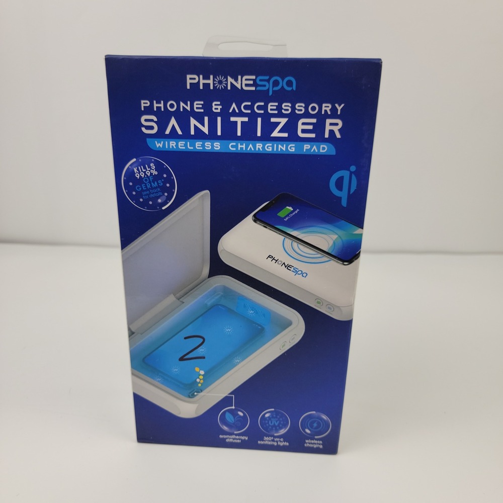 PhoneSpa Phone and Accessory Sanitizer with Qi Wireless Charging Pad White